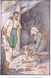 Um homem de cabelos brancos sentado em um banco baixo, muito ocupado fazendo sapatos